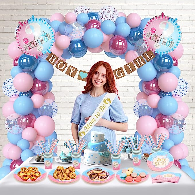 (168-tlg. Set) Baby Shower Party Deko Gender Reveal Ballons / Girlande / Party Geschirr / Schärpe - Rosa / Blau