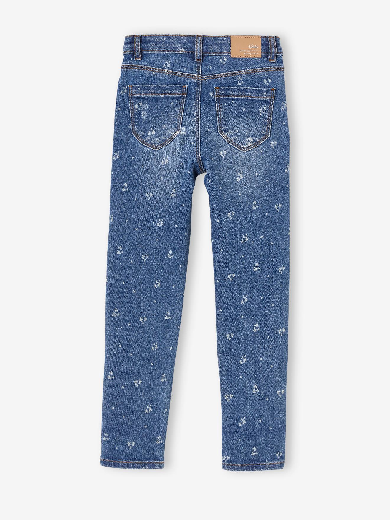 Calça jeans reta com detalhes desgastados, para menina, lavagem azul média