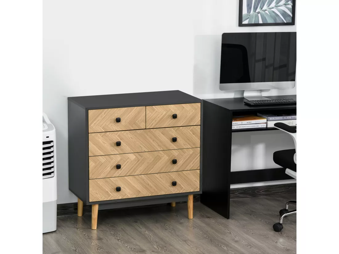 Commode 5 tiroirs design scandinave graphique dim. 80L x 40l x 80H cm panneaux de particules gris foncé chêne clair