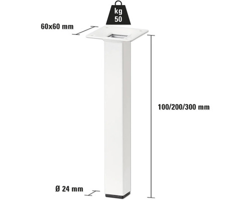 Tarrox tafelpoot, vierkant, 25 x 25 x 100 mm, wit