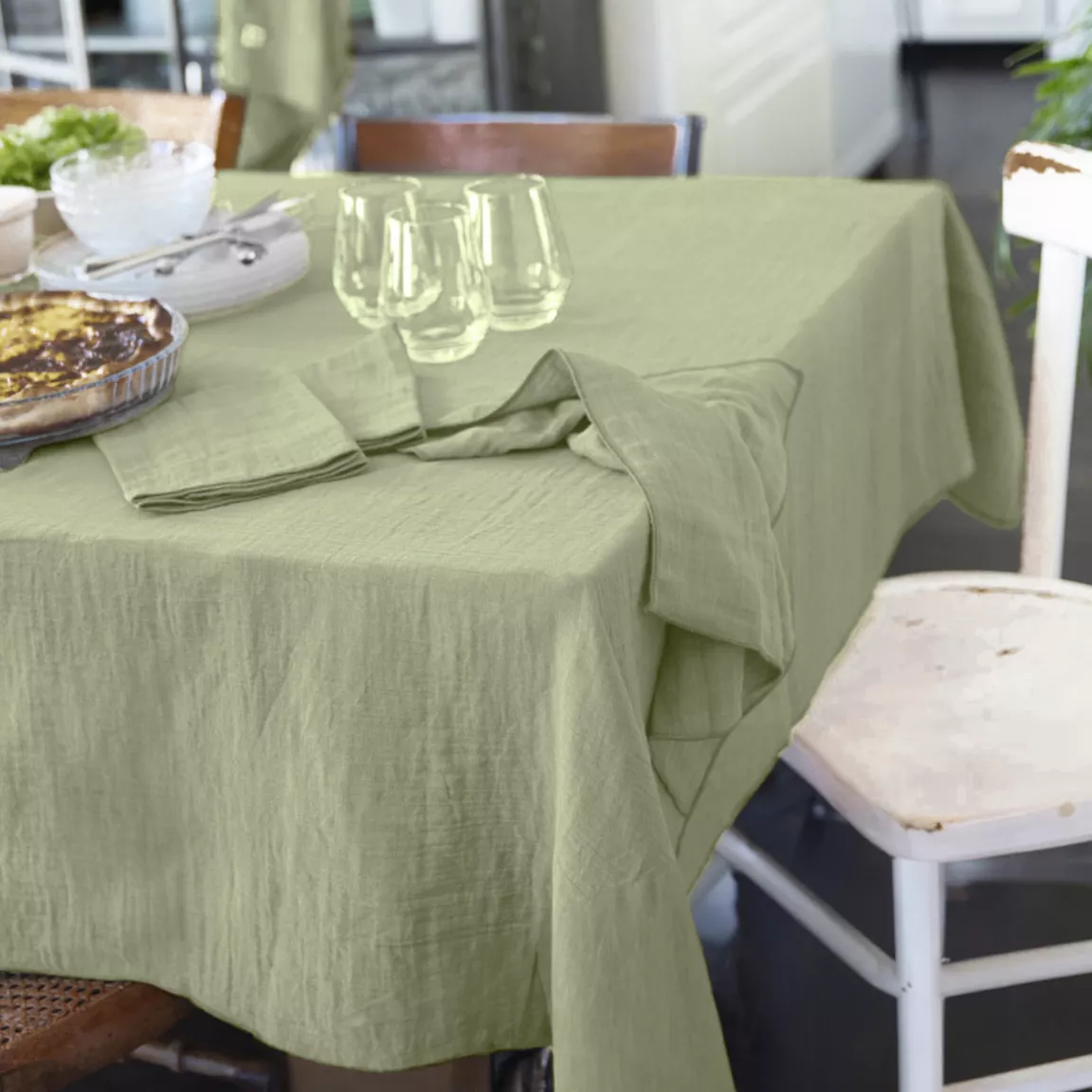 Nappe rectangulaire gaze de coton (150 x 350 cm) Gaïa Vert tilleul