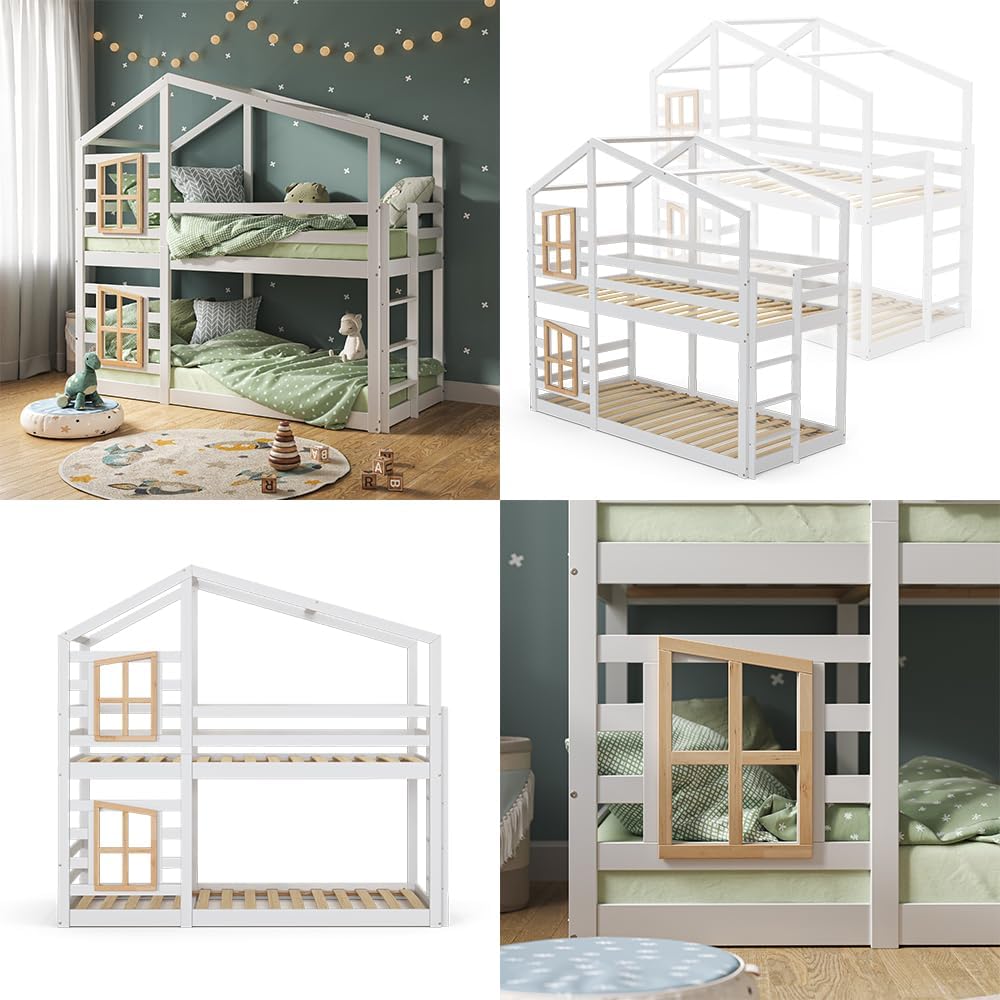 Etagenbett 90x200 cm Maja - Weiß 208x195x97 cm aus Holz - Kinderbett sicher & ideal für 2 Kinder, inklusive Lattenroste