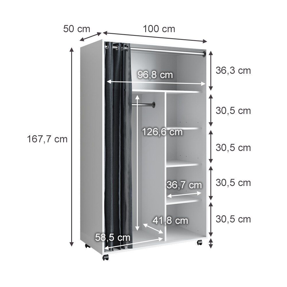 Vicco mobiler Kleiderschrank Dielenschrank Garderobe Doros Weiß 100 x 168 cm offen rollbar