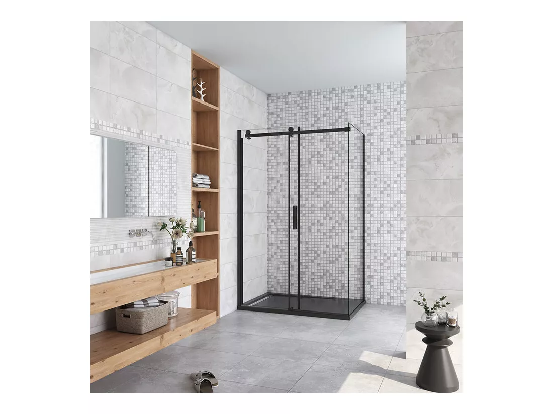 Cabine de douche coulissante 120x80x200cm porte de douche + paroi latérale Hauteur 200cm En 8mm verre anticalcaire profilé noir mat