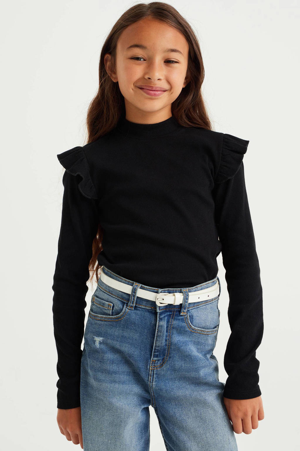 WE Fashion longsleeve met ruches zwart