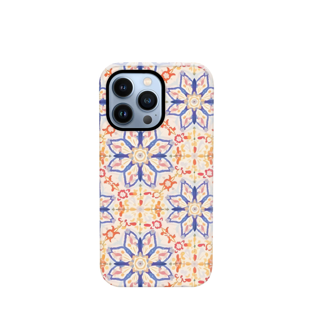 iPhone 13 Pro Hybrid (Kunststoff / Gummi) Hülle Majolika-Aquarellblüte - Blau / Gelb / Rot
