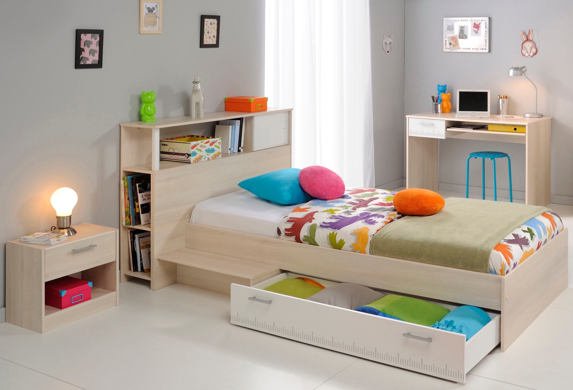 Parisot Jugendzimmer-Set »Charly 11« Set, Bett mit Anstellregal, Nachttisch, und Schreibtisch, 4 Stk. tlg. mit einem Schreibtisch