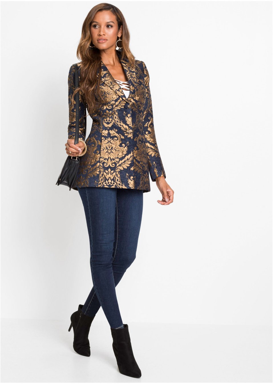 Manteau court en jacquard doré, taille courte