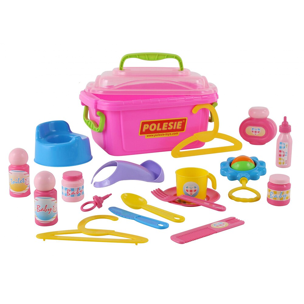 Polesie Kinderspielzeug Nanny-Set 53473 für Puppen Koffer Rassel Schnuller Latz rosa