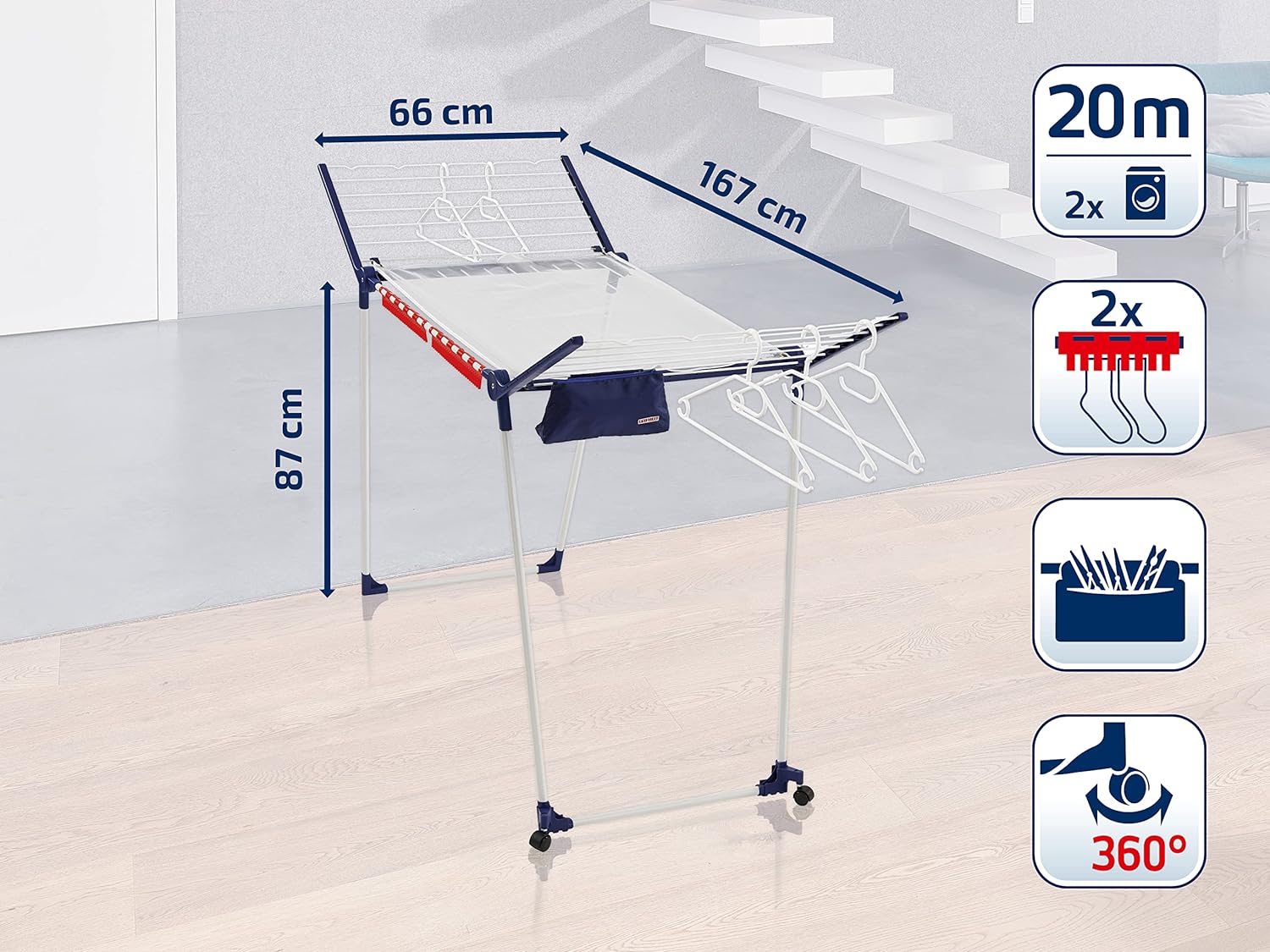 Leifheit Pegasus 200 Solid Deluxe Mobiele droogkast met 20 m drooglengte, droogrek voor lange was, vleugeldroogkast met kledinghangerstangen