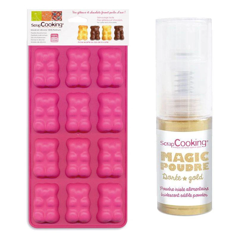 Moules oursons guimauve-chocolat + 1 poudre alimentaire irisée dorée S