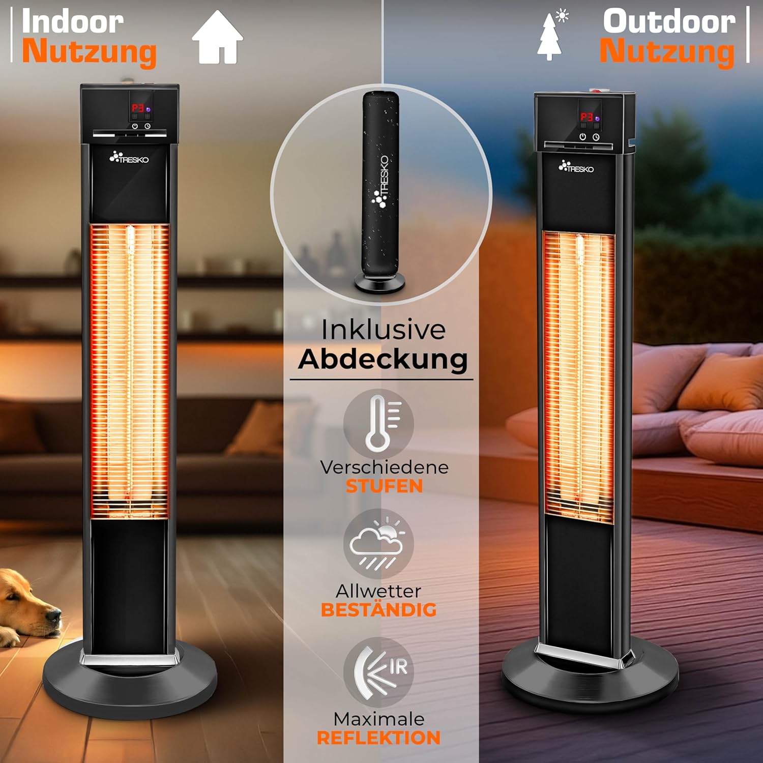 TRESKO Infrarot Stand-Heizstrahler 2000W mit Fernbedienung | Wärmestrahler Terrasse elektrisch mit 3 Heizstufen | Terrassenstrahler Innen & Außen | Infrarotstrahler mit LED-Anzeige