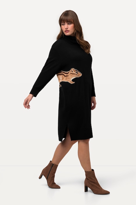 Strickkleid, Tiermotiv, Rollkragen, Langarm, Wollmischung