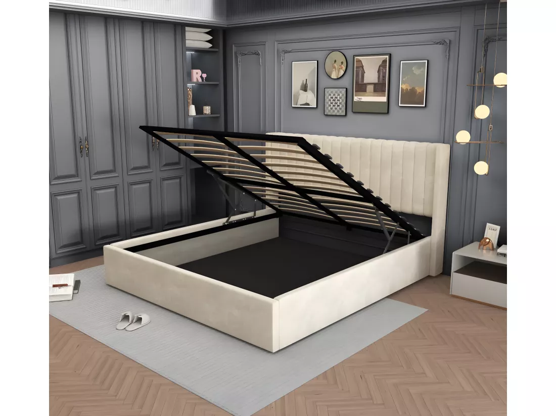 LIT DOUBLE COFFRE CAMILLE VELOURS BEIGE 160X200CM