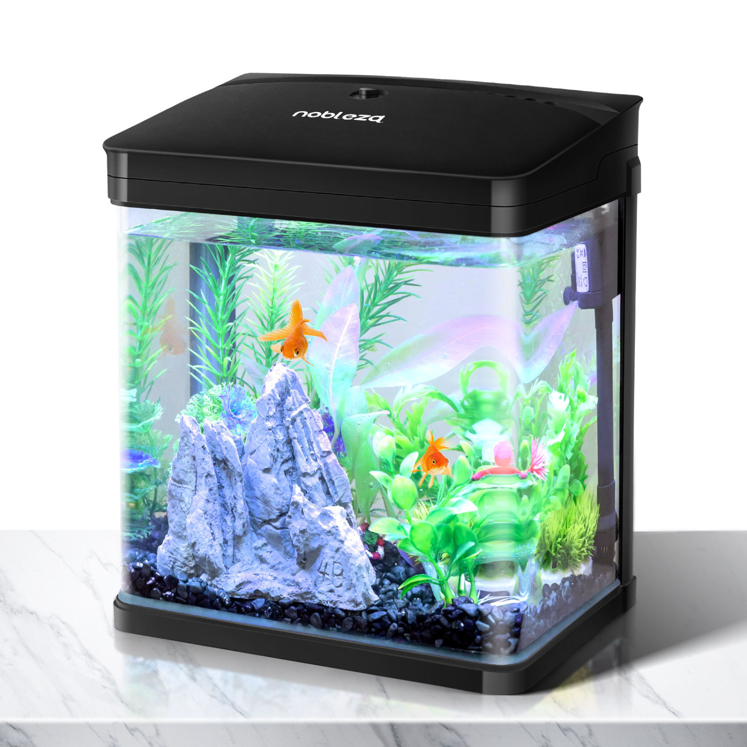 Nobleza - Aquário de vidro com tampa e luzes LED. Sistema de filtragem de 7 litros. Preto.