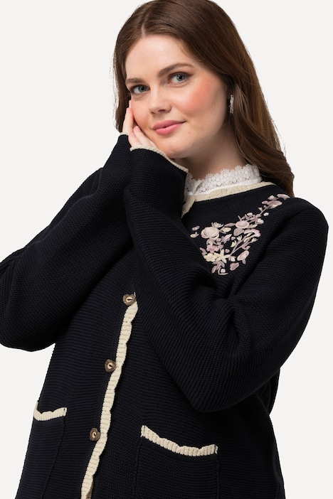 Trachten-Strickjacke, Blütenstickerei, Rundhals, Langarm