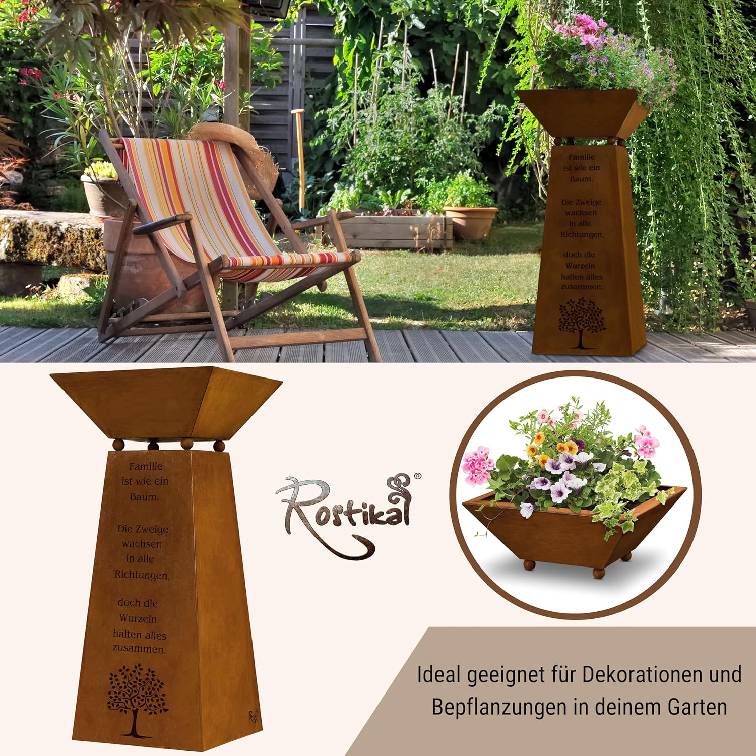 Rostikal Pflanzsäule 72 cm - Dekorative Gartensäule aus Metall - inkl. Blumenschale und Familienspruch im Rostdesign - Handgefertigt, Hochwertig, Langlebig