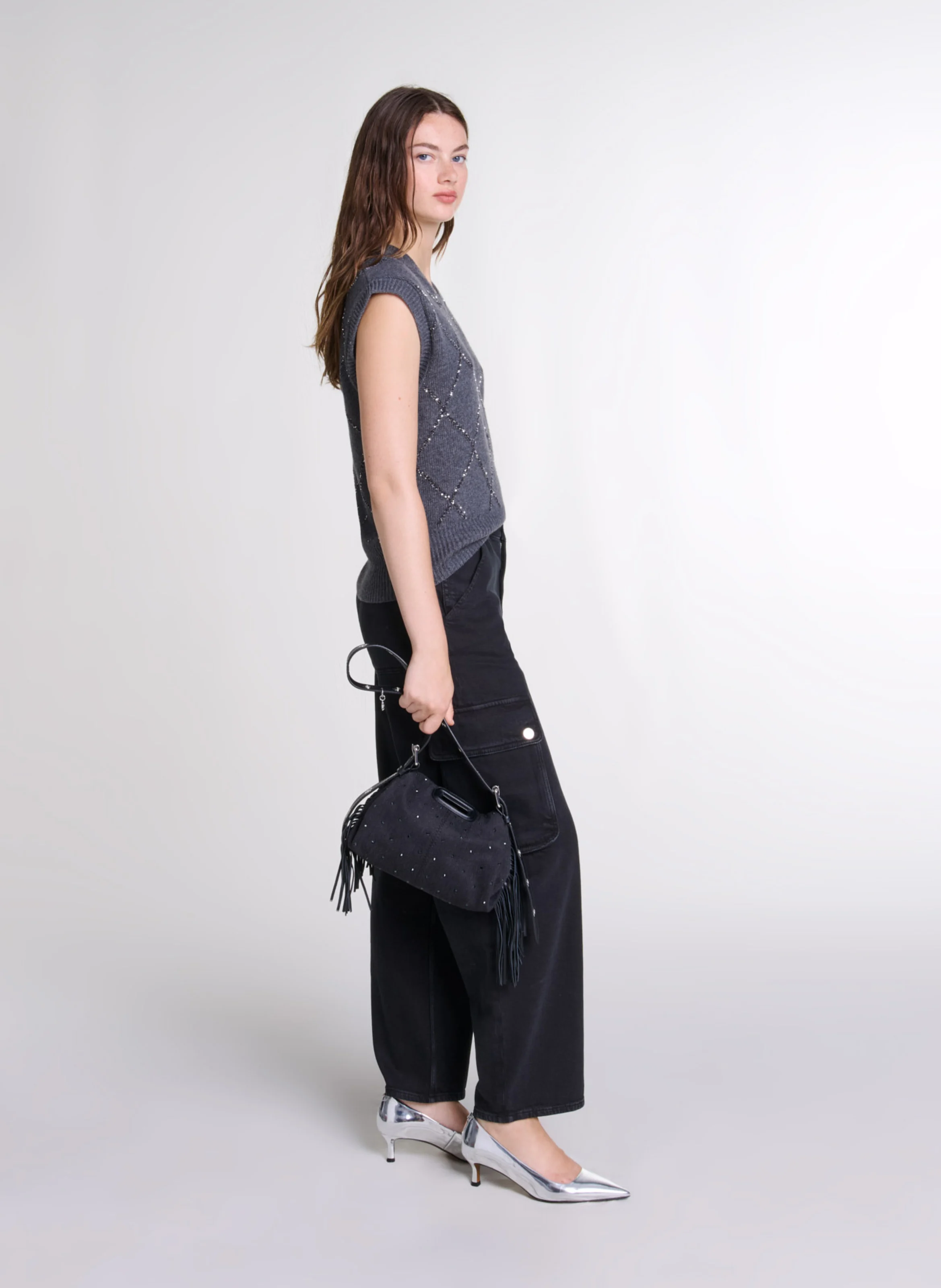 Top col V en laine mélangée | Gris