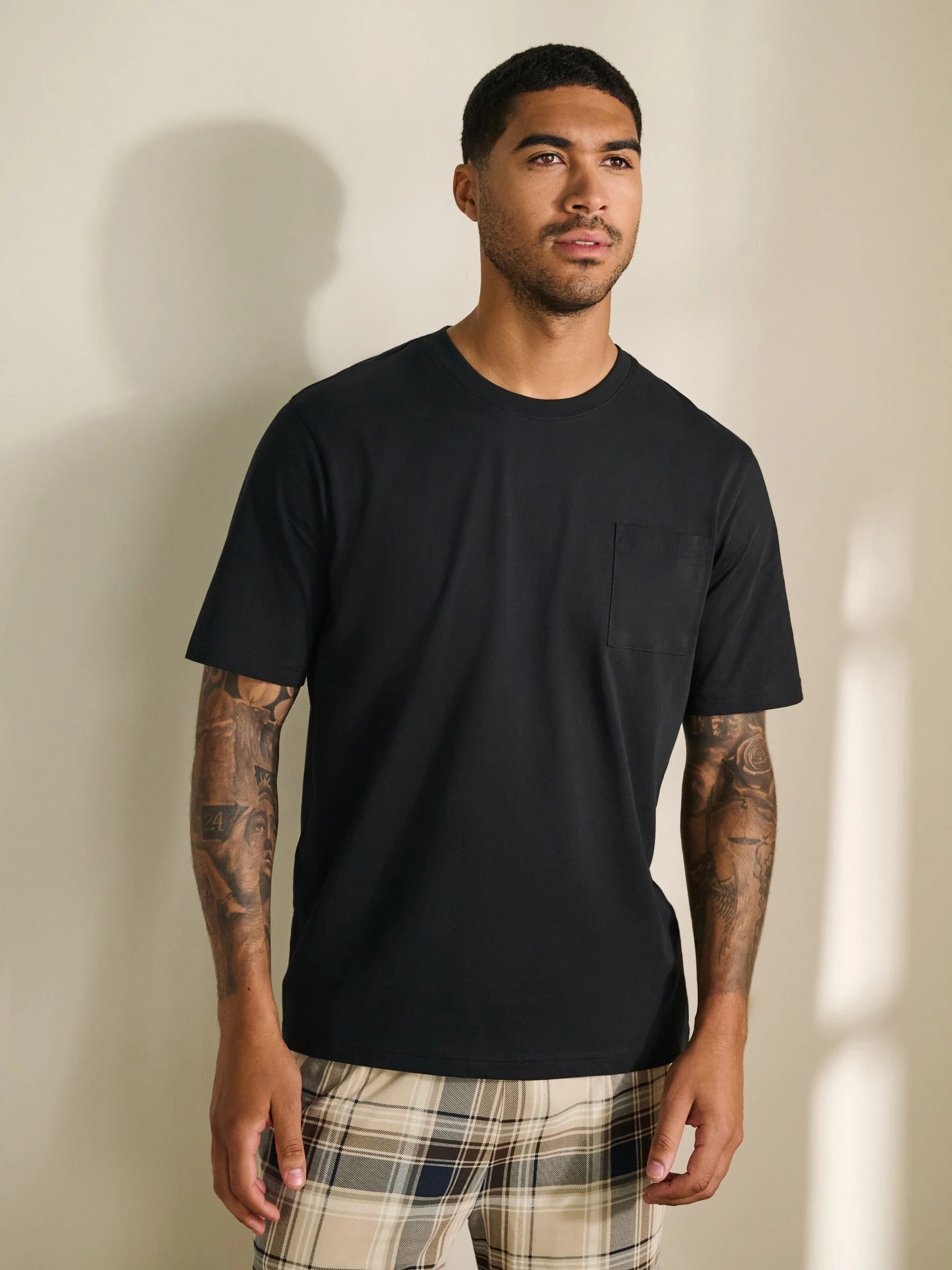 Naturel/zwart geruit - Jersey pyjama met korte mouwen