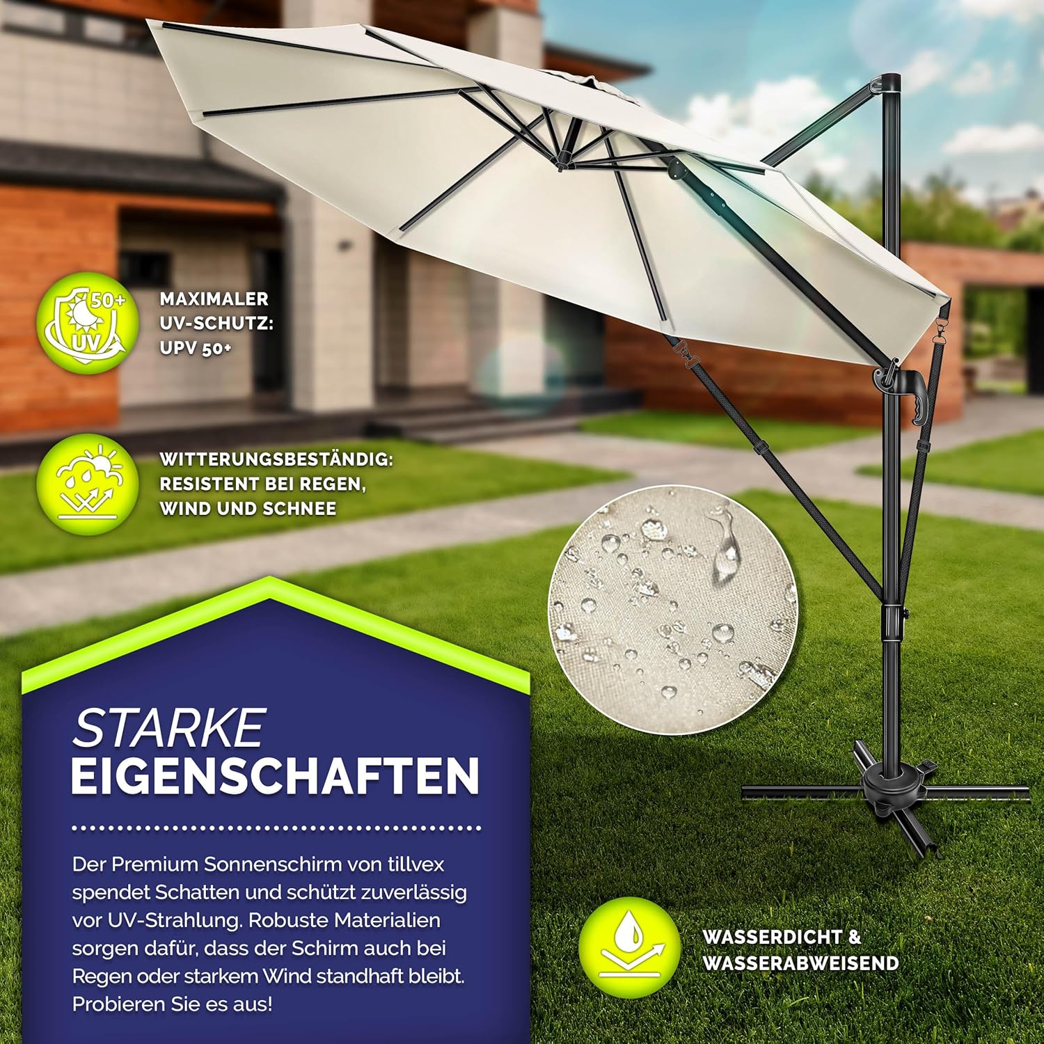 tillvex® Premium Alu Sonnenschirm 330 cm + Abdeckung & Windsicherung | Ampelschirm 6-Fach verstellbar mit Kurbel | Gartenschirm 360° Drehbar Neigbar Kippbar | UV50+ wasserdicht