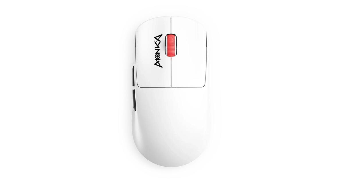 MonkaPrime G997W gaming muis  (Wit/rood, 800 - 26.000 DPI, 4K Hz, RGB, 2.4 GHz / Bluetooth / USB)