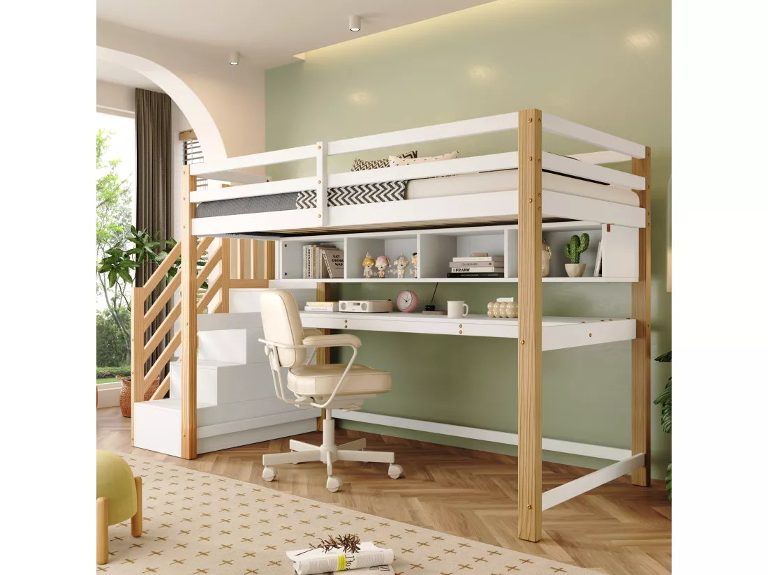 Lit mezzanine 90x200cm en bois - avec escalier de rangement + bureau + sommier à lattes - Blanc & Naturel
