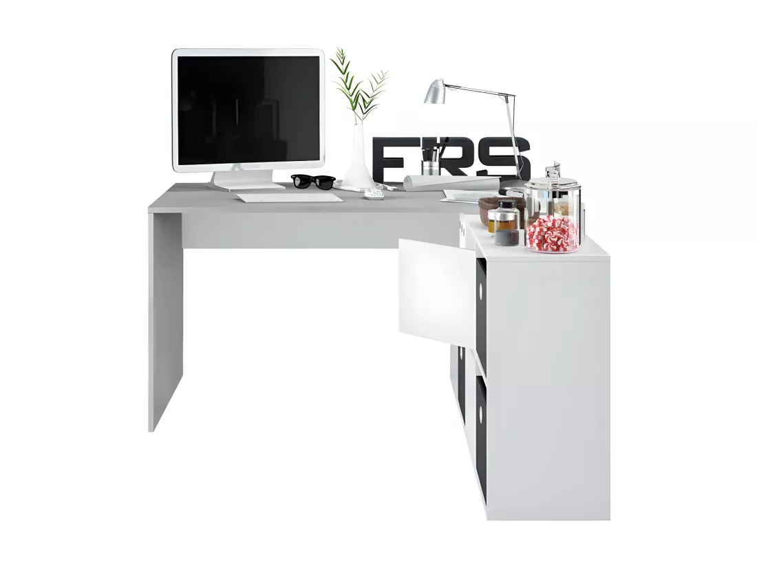 Bureau d'angles 2 portes + 4 niches Blanc/Béton - DAPATA PLUS - L 203 x l 66 x H 74 cm