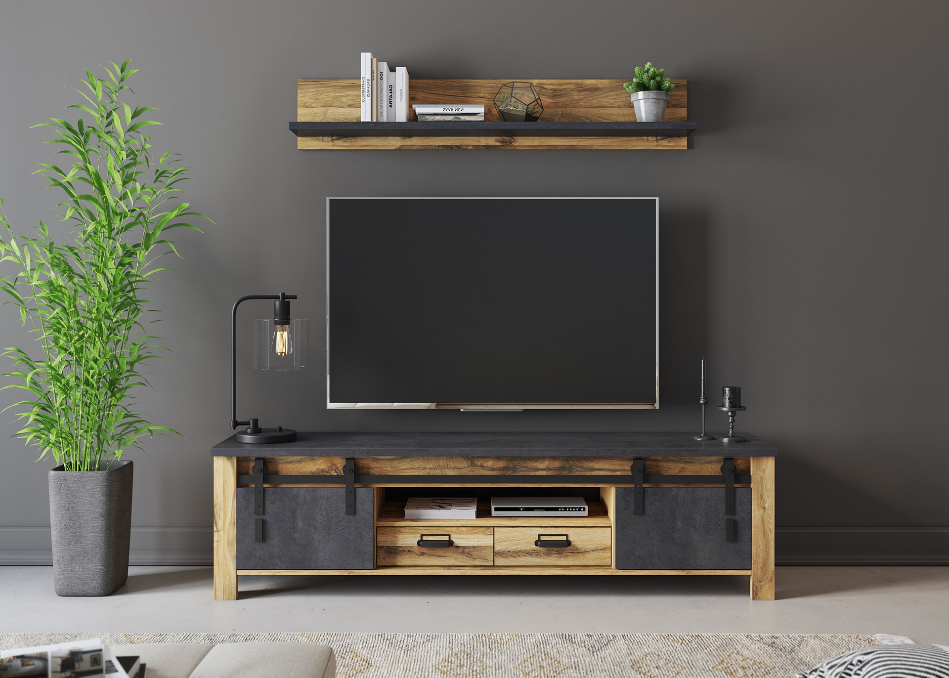 Home affaire TV-Schrank »York, moderner Unterschrank, Kommode im Industrialdesign« mit Apothekergriffen & Scheunentorbeschlägen aus Metall, 201 cm breit