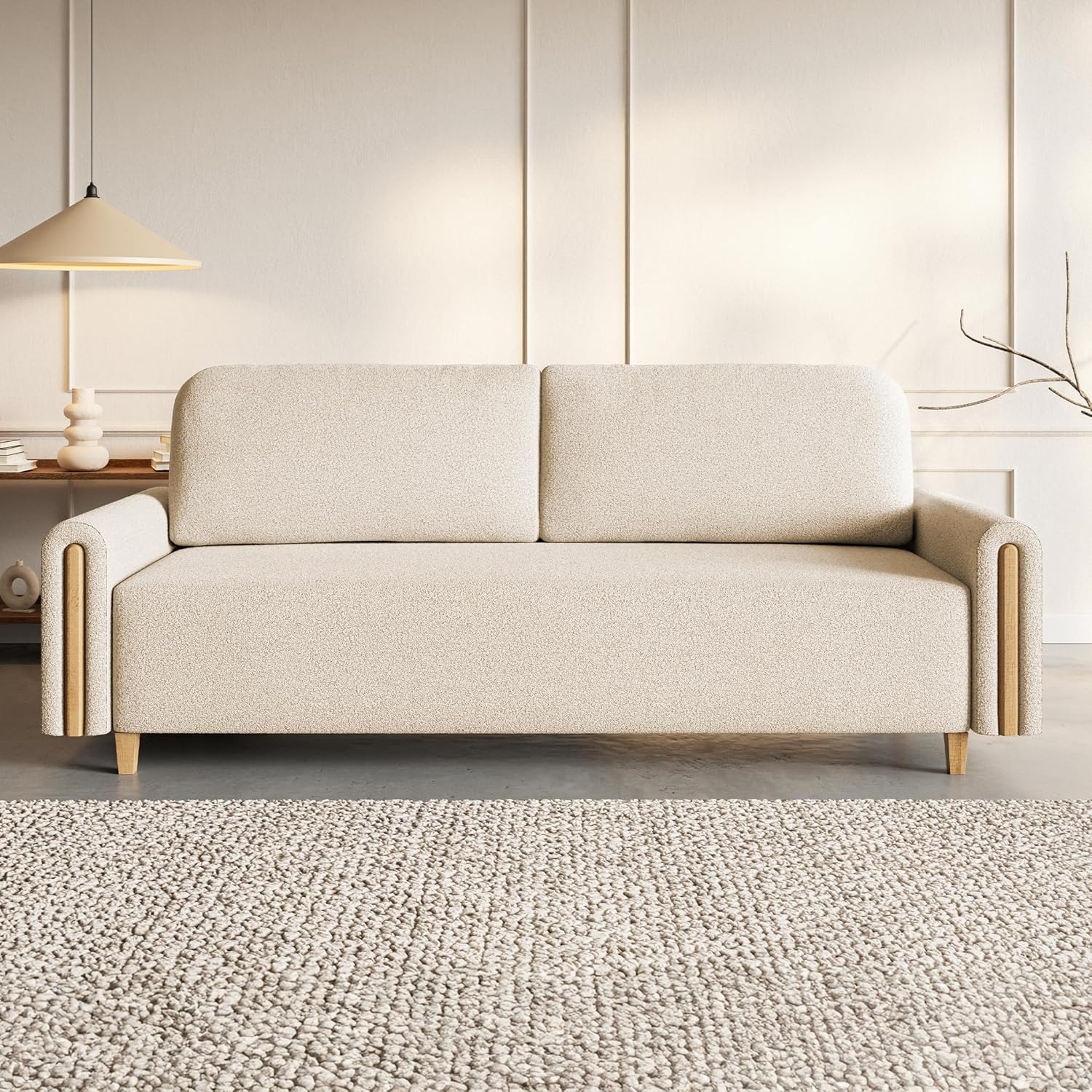 Notti 3 Sitzer Sofa mit Bettfunktion, Schlafsofa 235 cm Breit, Klappsofa mit Schlaffunktion, Schlafsofa mit Bettkasten, Bettsofa mit Schlaffunktion, Boucle Sofa Beige (Creme)