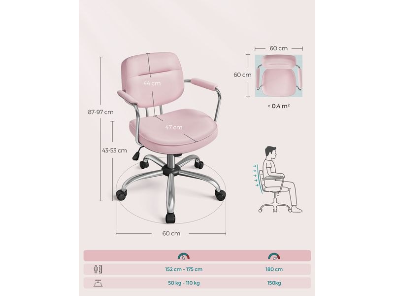 Songmics Bürostuhl mit Polsterrücken und Armlehnen, Rosa Drehstuhl mit gebogenem Sitz