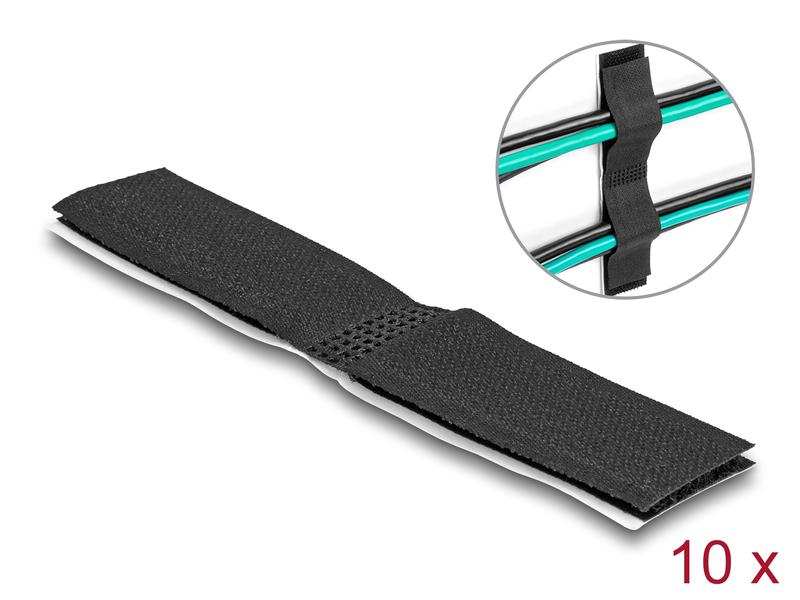 Delock Klettkabelbinder Schwarz 110 mm x 20 mm, 10 Stück Delock Klett-Kabelhalter selbstklebend L 110 mm x B 20 mm Set 10 Stück schwarz