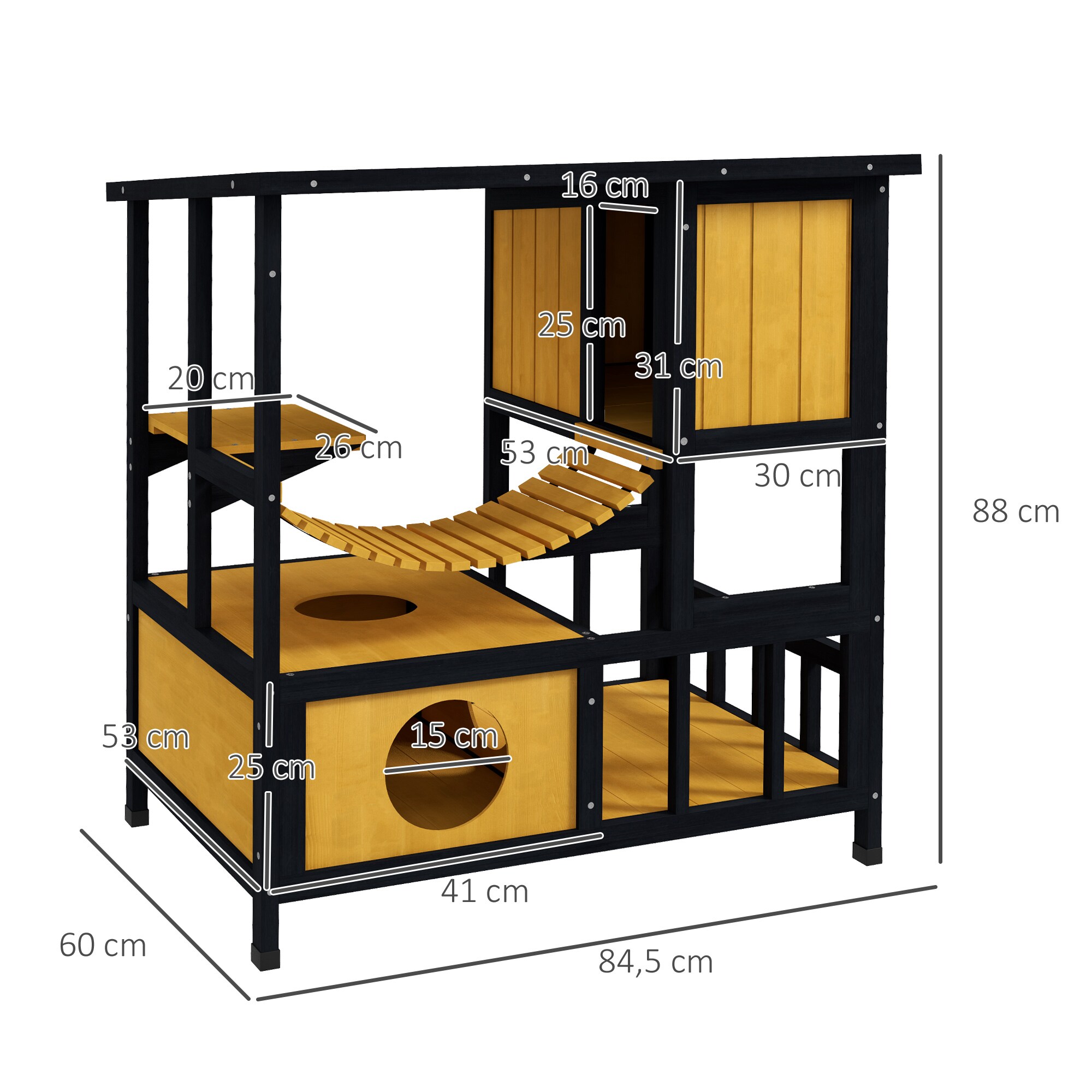 PawHut Katzenhaus mit Zugbrücke natur 84,5L x 60B x 88H cm