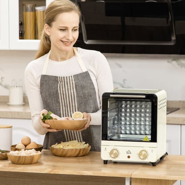 Miniovn 15L, 1 times timer, 60-230°C, pizzaovn med sirkulasjonsluft, 1000 W, miniovn med stekebrettsett, smulebrett, kremhvit