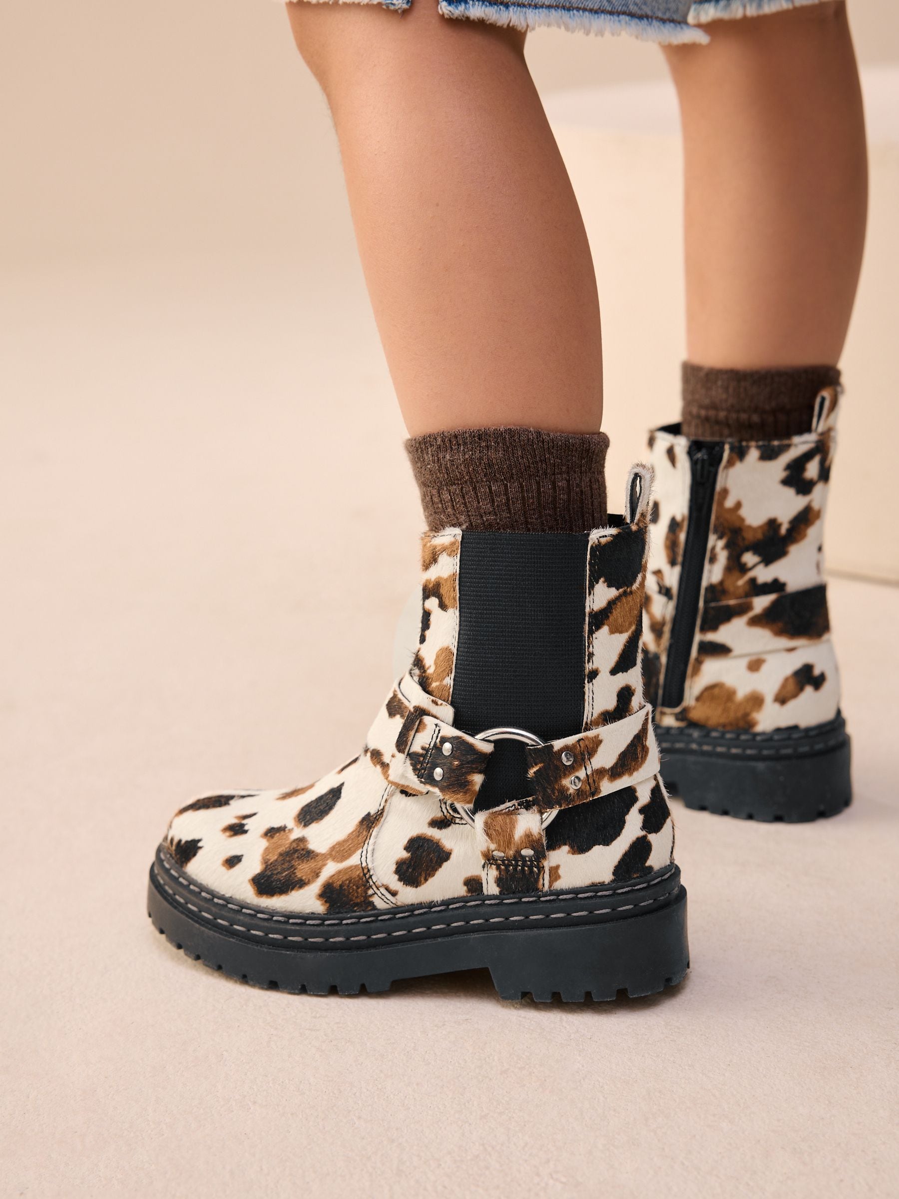 Koeienprint - Leren chunky harnesslaarzen
