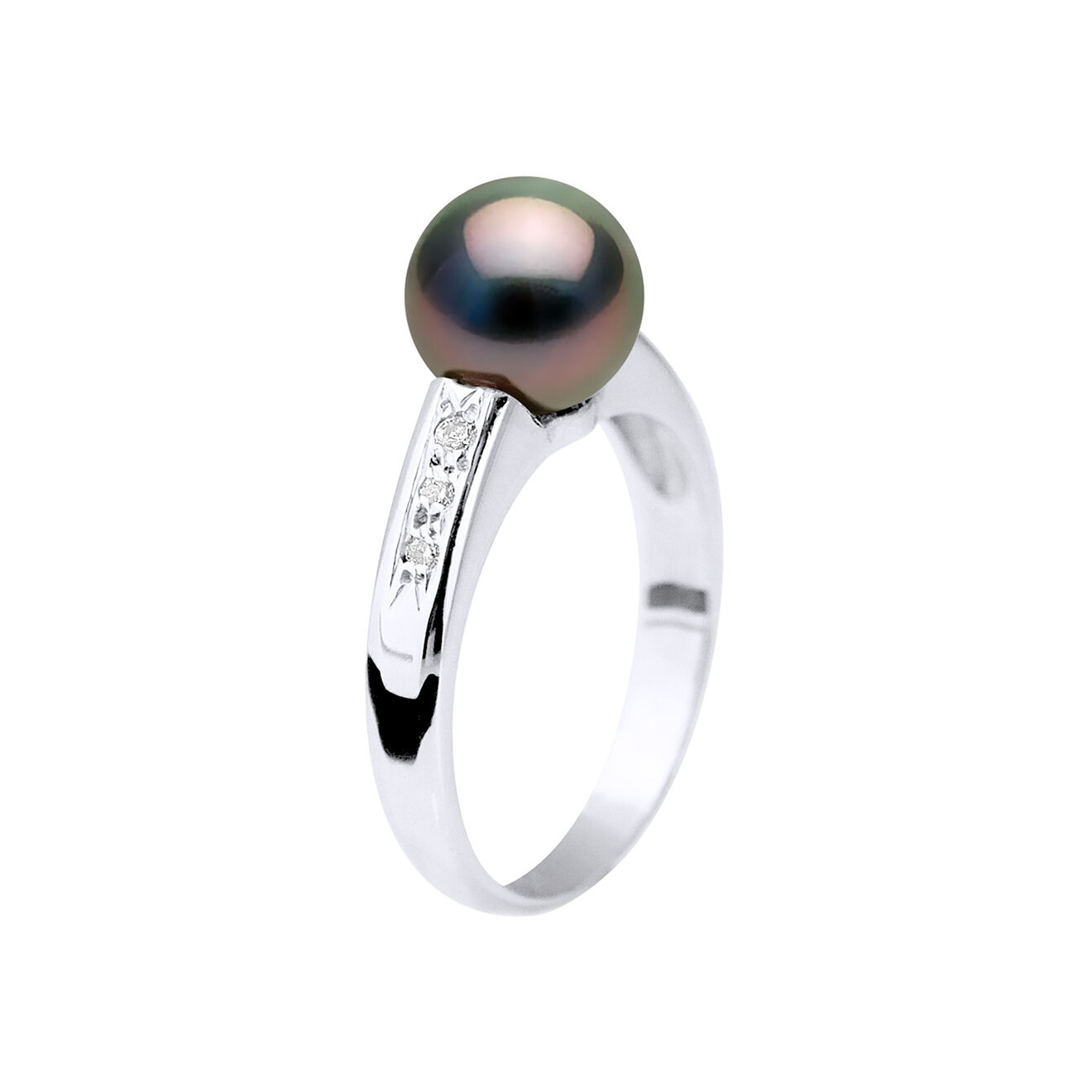 Mitzuko Bague Or Blanc Diamants (0.06 ct) & Perle de Culture de Tahiti ronde noire
