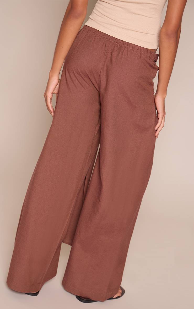 Chocolat Pantalon Droit En Mélange Coton Lin Avec Détail Cache-cœur