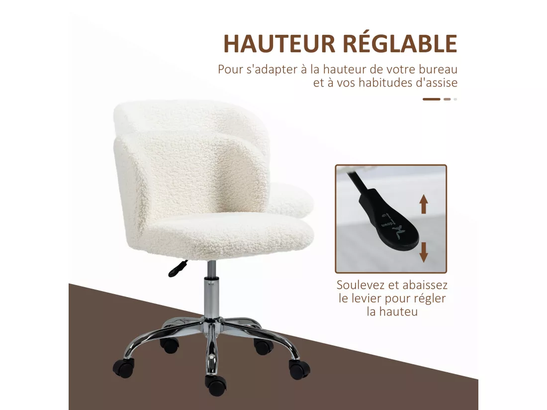 Chaise de bureau design - hauteur réglable, pivotante - piètement acier chromé revêtement effet laine bouclée blanc