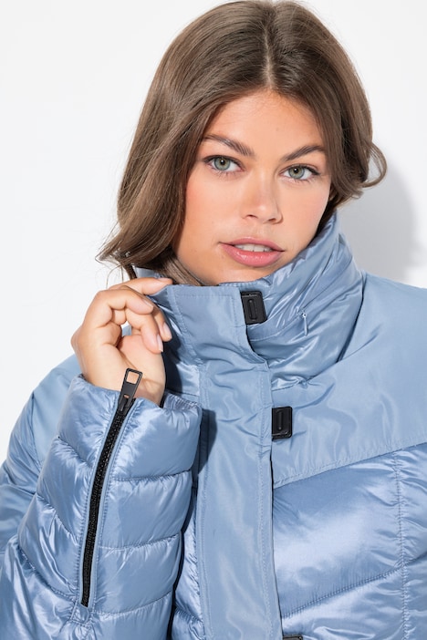 Steppjacke, Stehkragen, eingerollte Kapuze, 2-Wege-Zipper