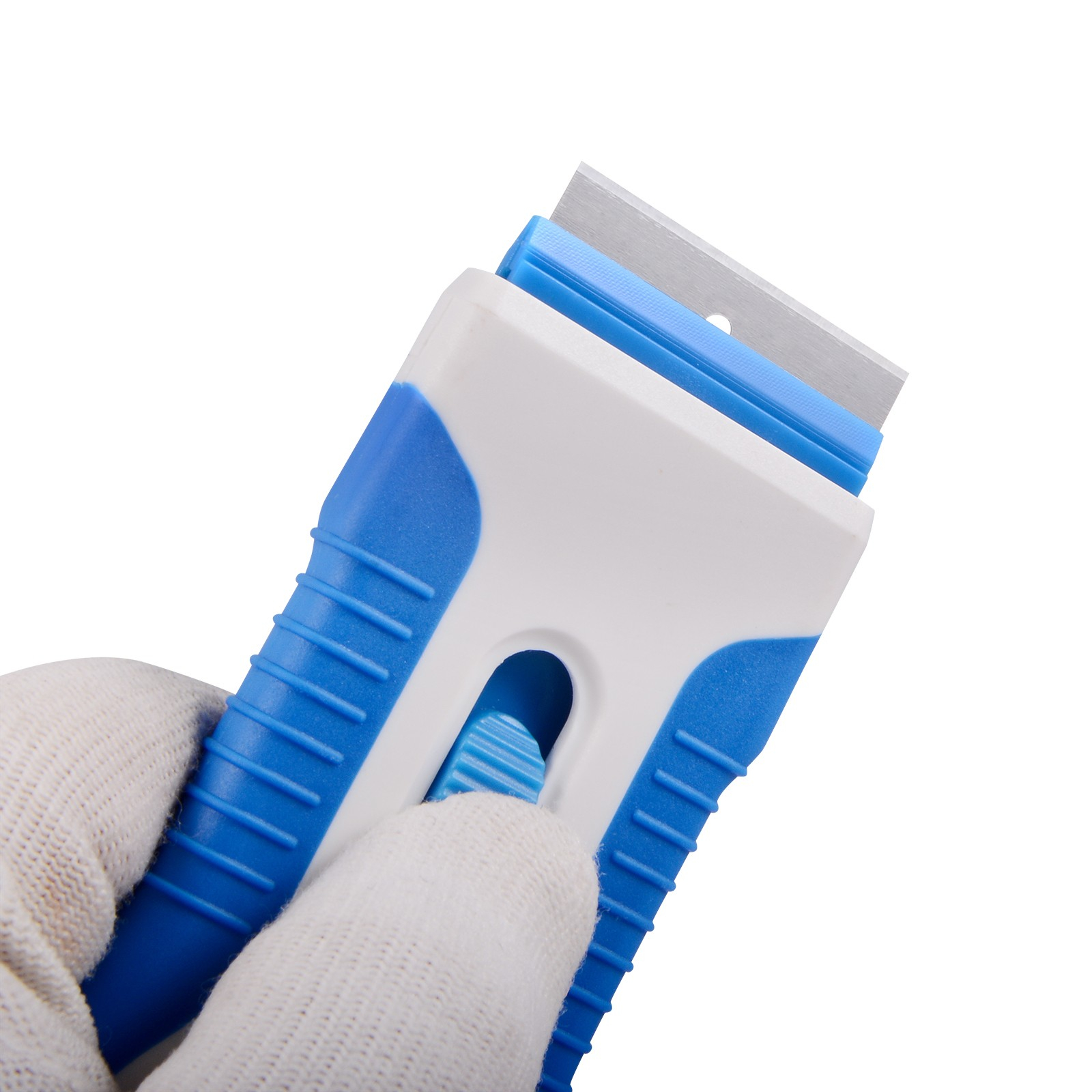 Edelstahl Kochfeldschaber Herdplatten Schaber Ergonomischer Ceranfeld Kratzer   10 Ersatzklingen - Weiss / Blau