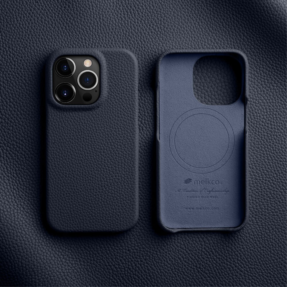 iPhone 14 Pro MagSafe Echtleder Hardcase Hülle Litchi Look - Dunkelblau