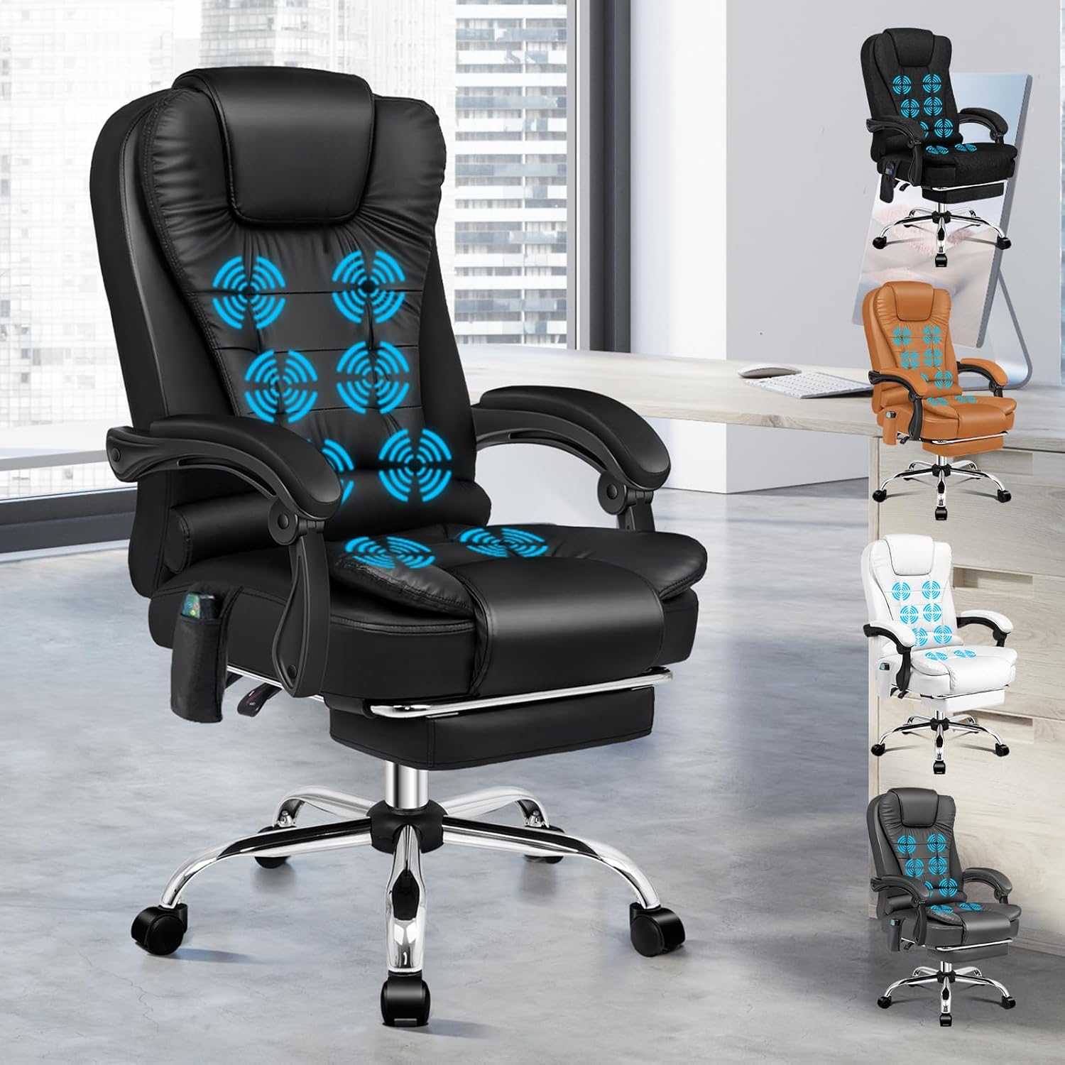 ALFORDSON Ergonomischer Bürostuhl, Schreibtischstuhl mit Wärmemassagefunktion, PU-Leder Computerstuhl mit gepolsterten Armlehnen und weicher Kopfstütze, Drehstuhl mit Rollen, Schwarz