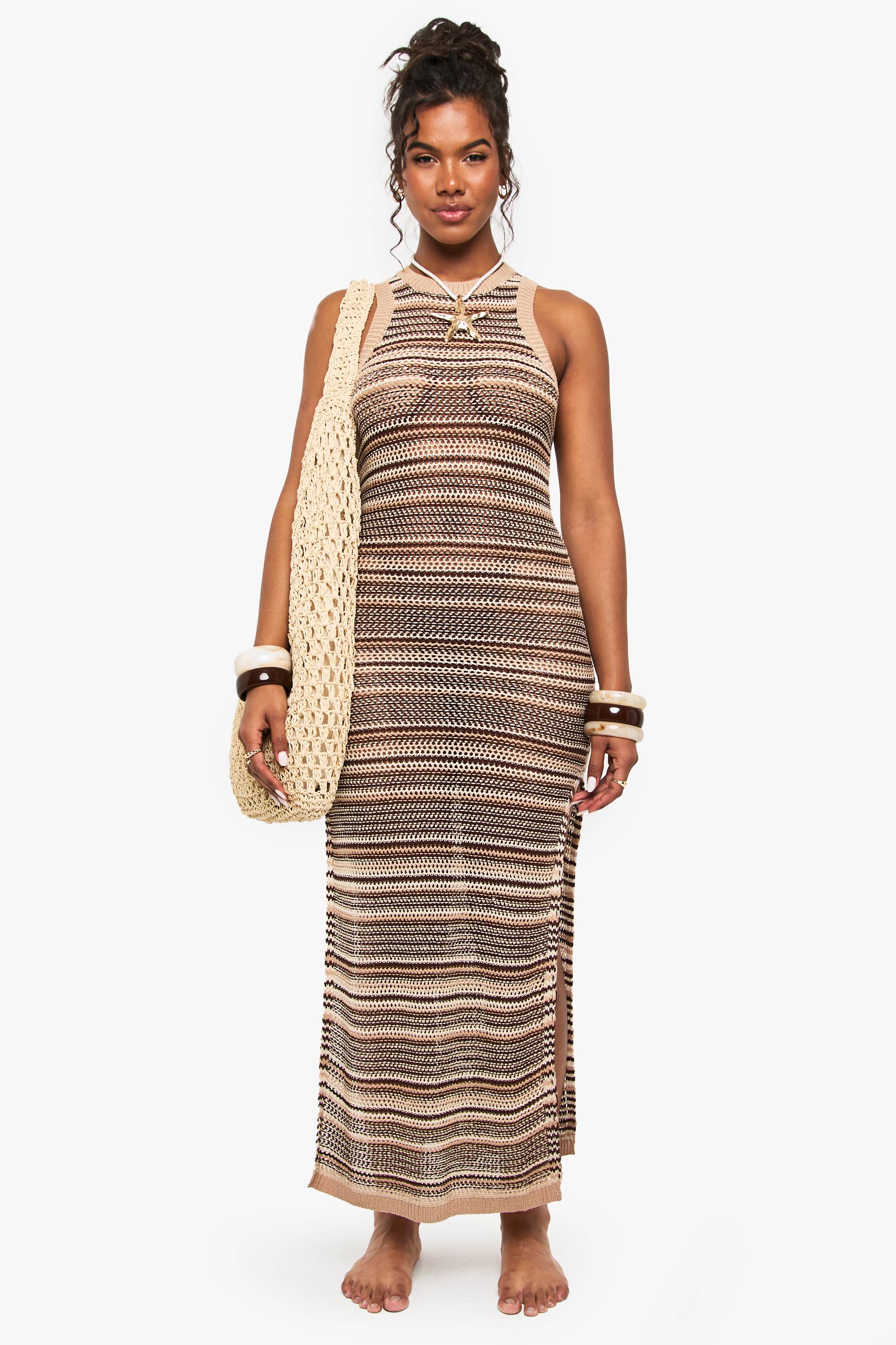 boohoo Robe Maxi de Plage en Crochet Rayée
