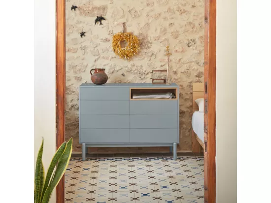 Corvo - Commode 7 tiroirs 1 niche en bois L120xH90cm : Couleur - Gris clair