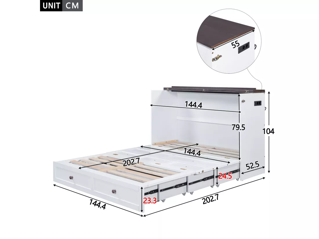 Lit escamotable 140x200 cm en bois - avec prises USB et rangements - Blanc