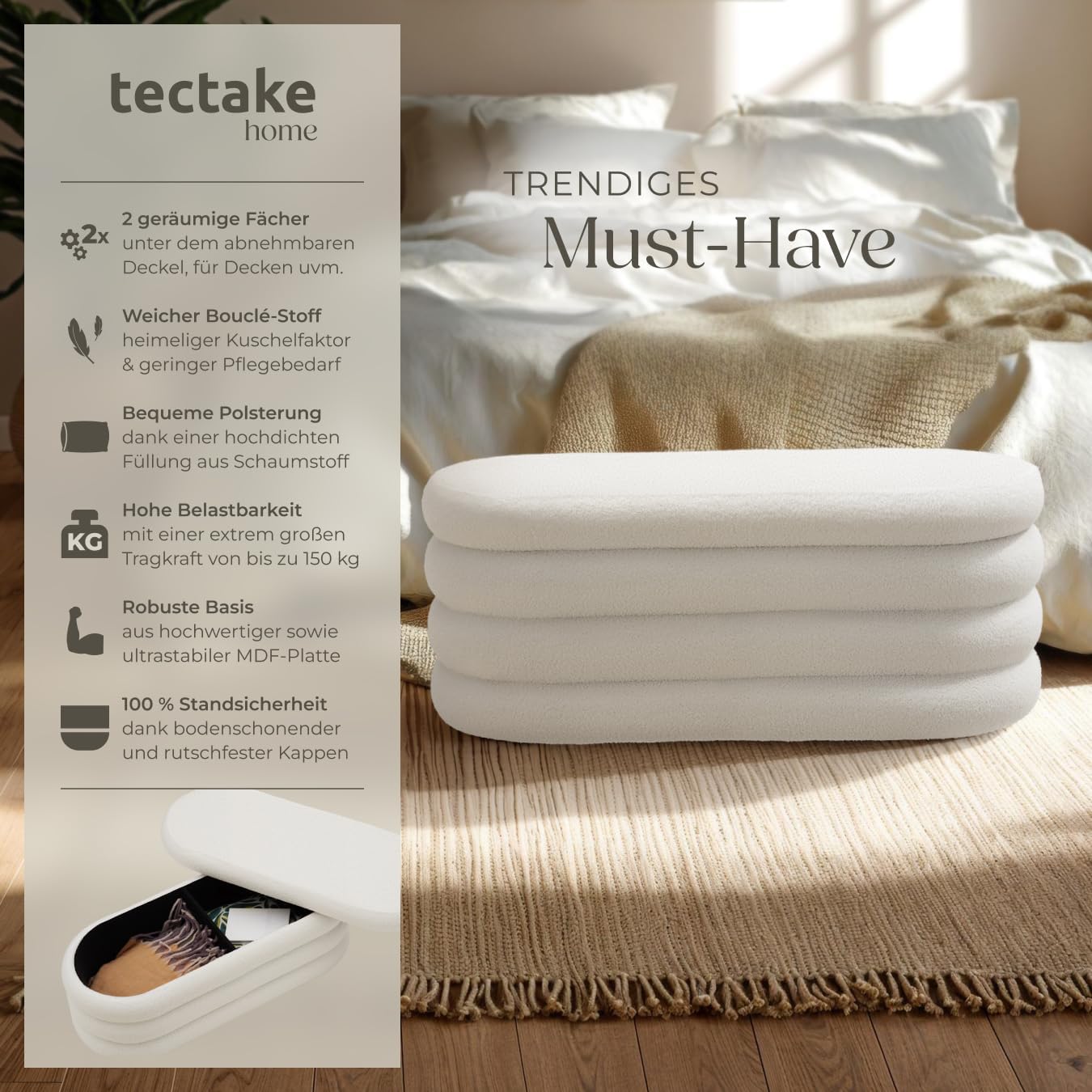 tectake® Sitzbank mit Stauraum, Sitzhocker, Hocker mit Stauraum, Stoff, Pouf, Polsterhocker, Sitztruhe, Truhe mit Deckel, Truhenbank mit Stauraum, Möbel für Wohnzimmer, 110x45x42cm - Bouclé créme-weiß