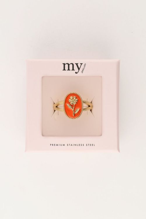 Art oranje statement ring met bloem