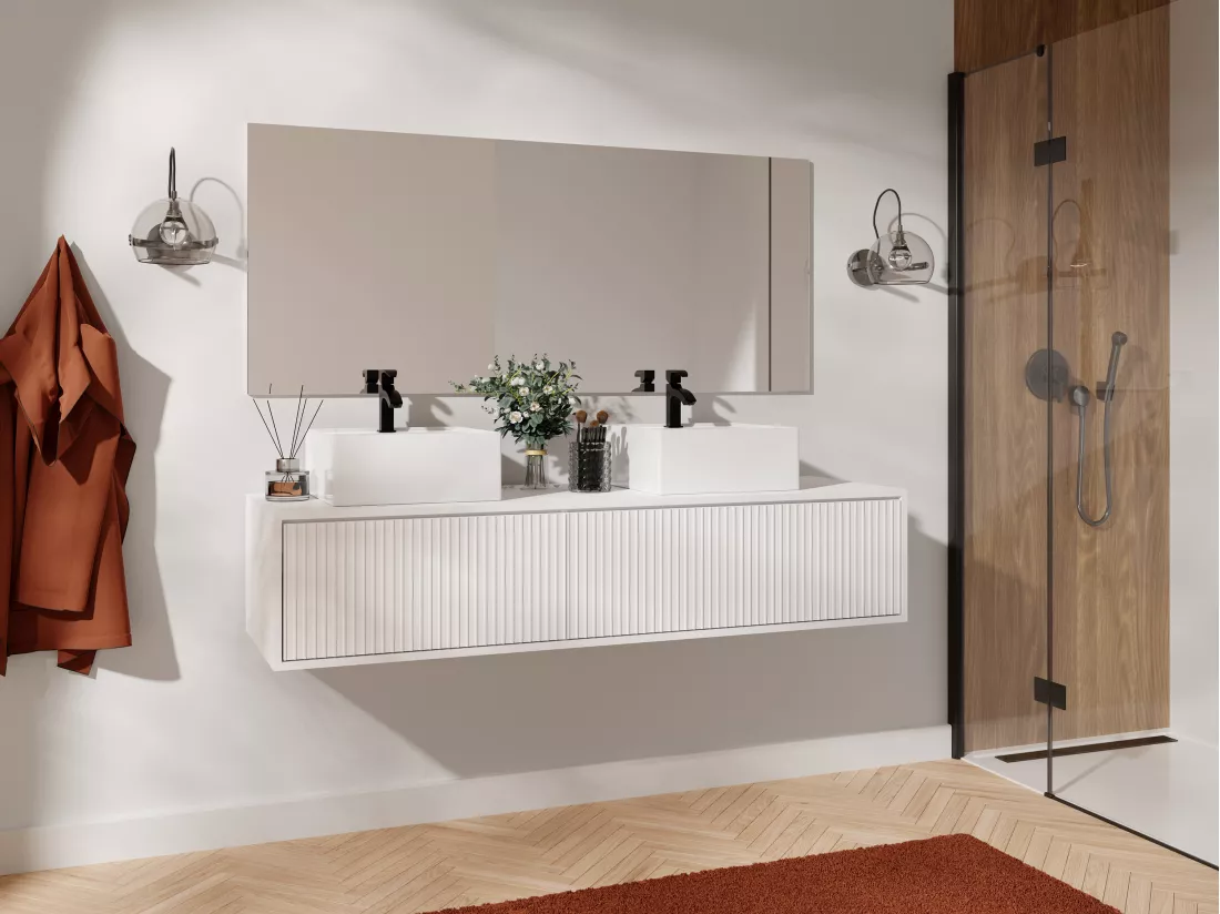 Meuble de salle de bain suspendu strié avec double vasque - Blanc - 150 cm - ARNEGA