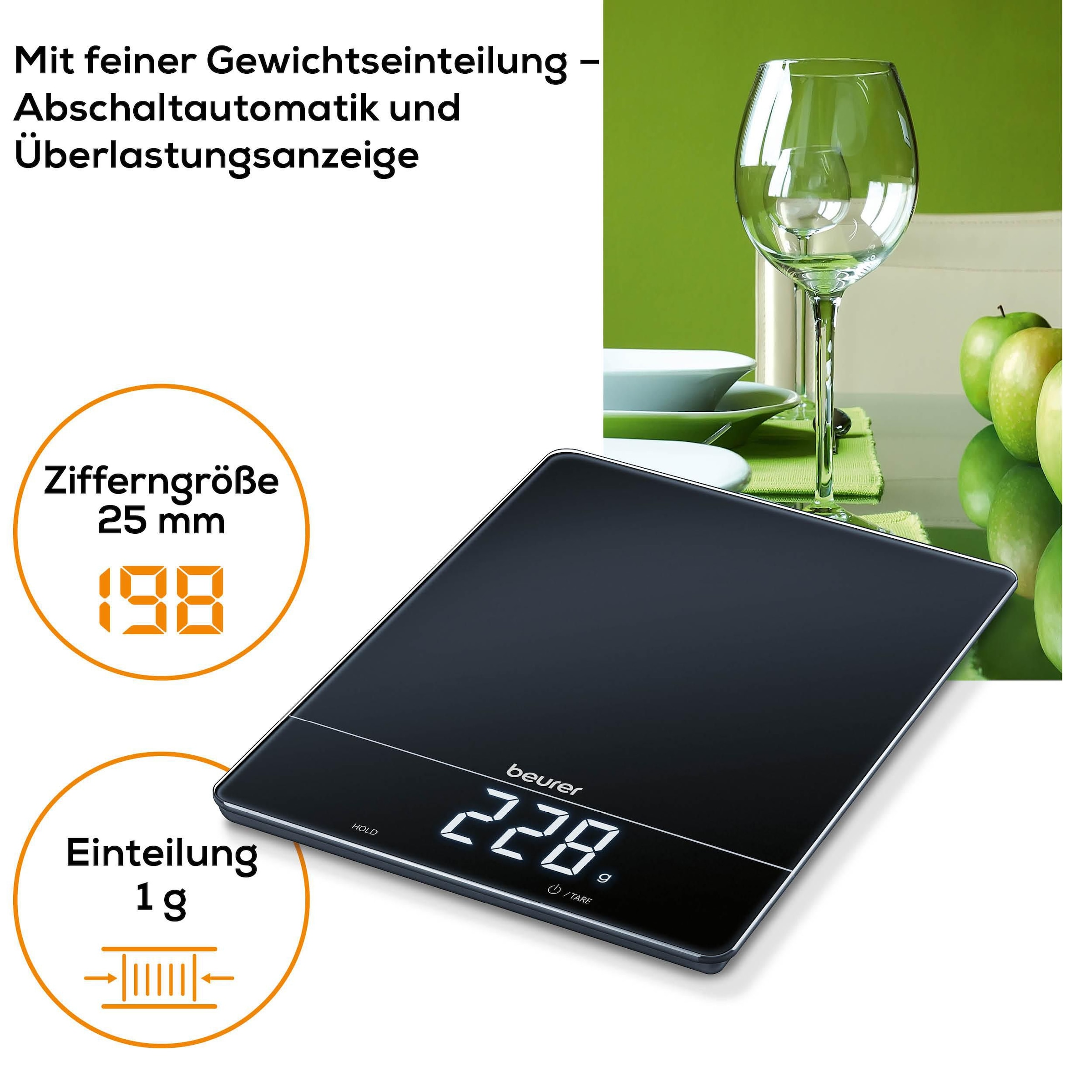 BEURER Küchenwaage »KS 34 mit Tara-Zuwiegefunktion« Mit modernen Sensortasten, Display erscheint nur während Messung