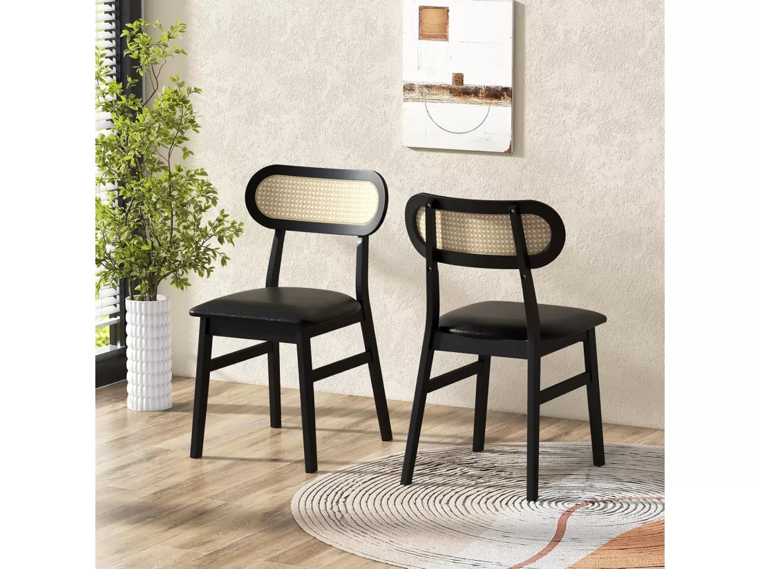 Chaise Salle a Manger Lot de 2, Chaise Salle a Manger Bois d'Hévéa, Dossier Rotin Cannage, Siège Rembourré en Similicuir, Chaise en Bois Salle a Manger pour Salon, Cuisine (Noir)