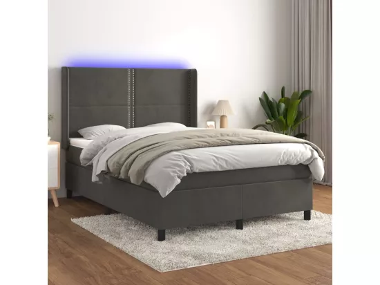 Sommier tapissier matelas et LED Gris foncé 140x190 cm Velours